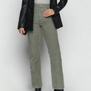 Reformation Cynthia Button Fly High Rise Straight Corduroy Pants Moss size28 NWT